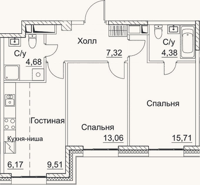Планировка: 3-к, 60,8 м²