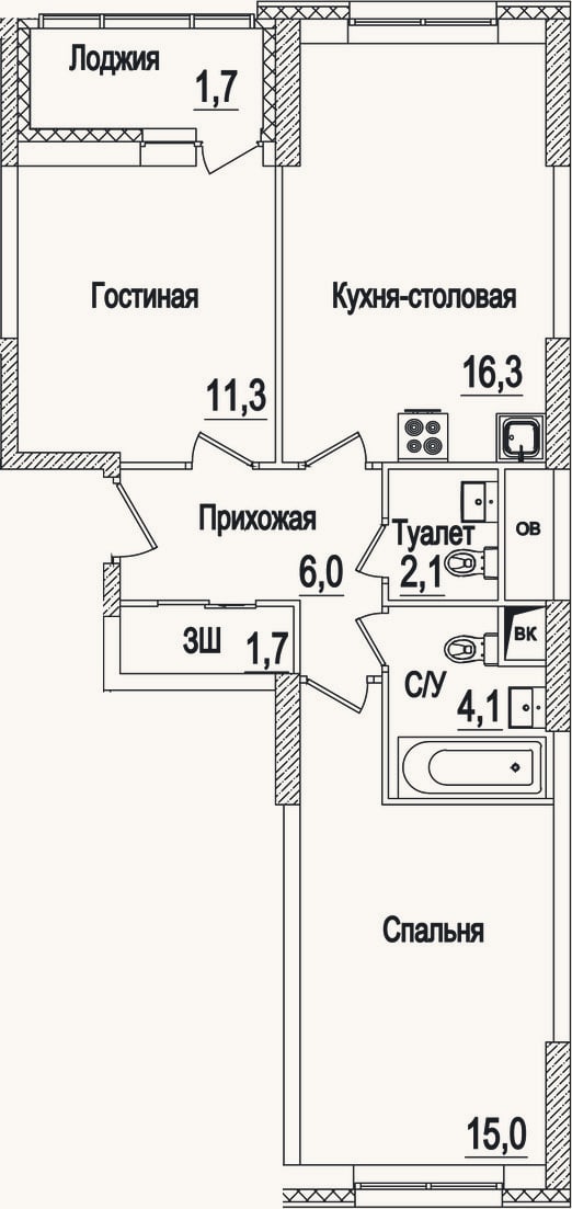Планировка: 3-к, 56,5 м²