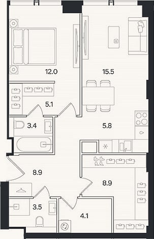 Планировка: 2-к, 62,5 м²