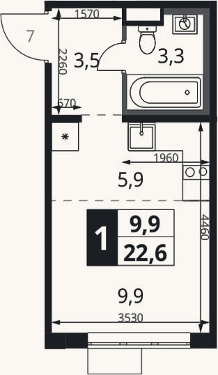 Планировка: Студия, 22,6 м²