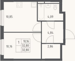 Планировка: 1-к, 32,8 м²