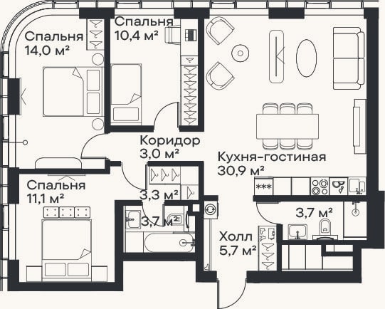 Планировка: 4+ к, 85,8 м²