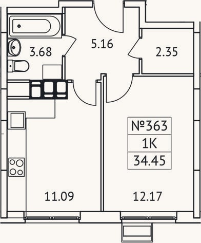 Планировка: 1-к, 34,5 м²