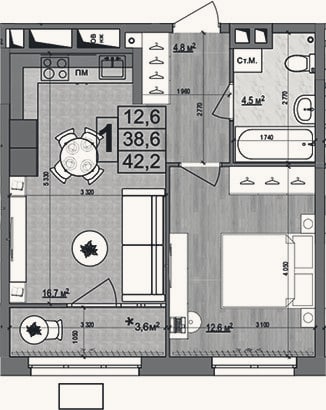 Планировка: 2-к, 38,6 м²