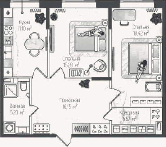 Планировка: 2-к, 70,7 м²