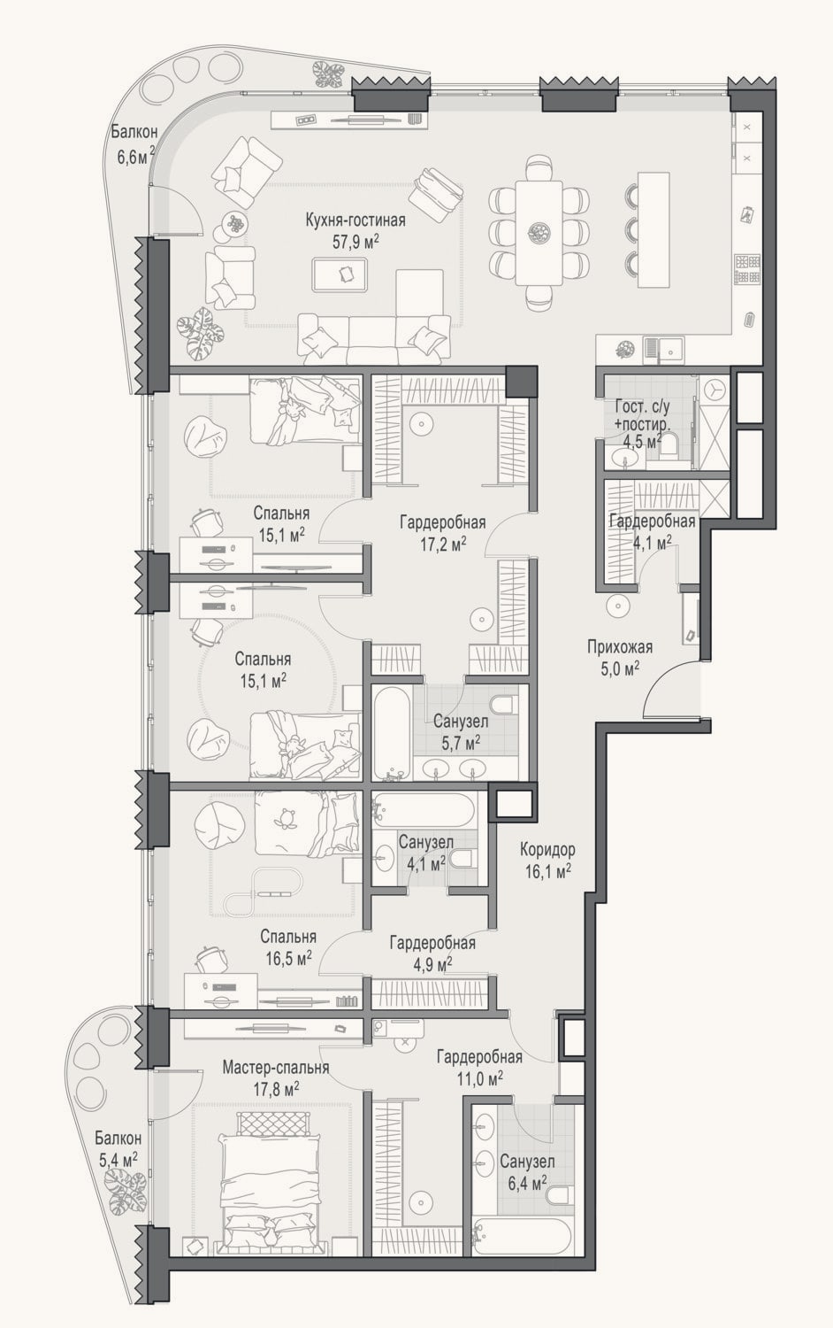 Планировка: 4+ к, 201,4 м²