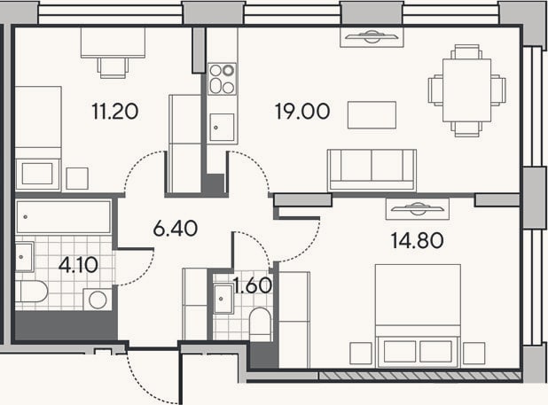 Планировка: 3-к, 57,1 м²
