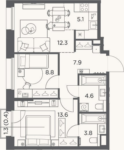 Планировка: 3-к, 56,1 м²