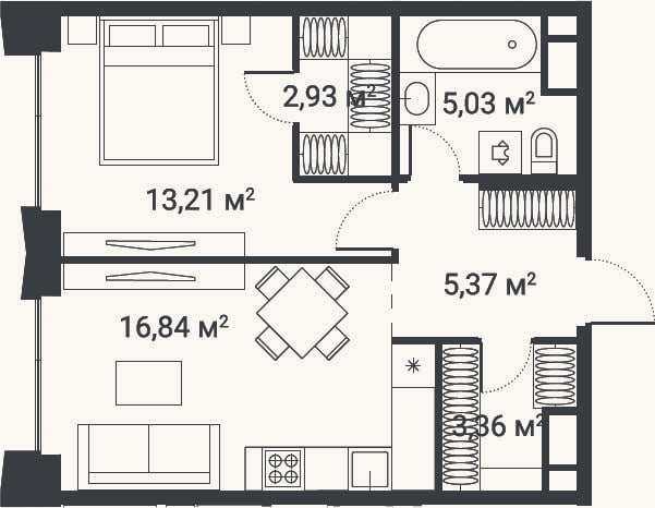 Планировка: 1-к, 46,7 м²