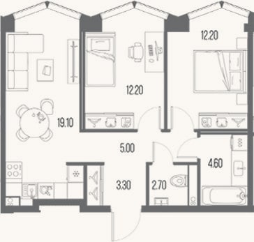 Планировка: 2-к, 59,1 м²