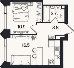 Планировка: 2-к, 34,9 м²