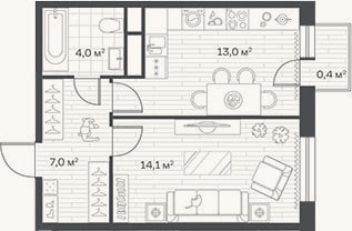 Планировка: 1-к, 38,1 м²
