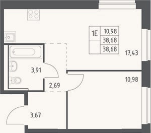 Планировка: 2-к, 38,7 м²