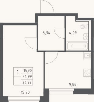 Планировка: 1-к, 35 м²