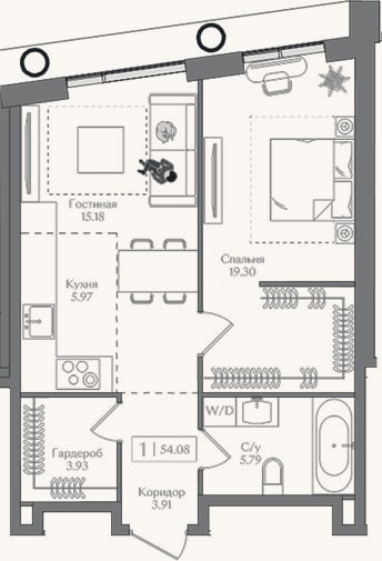 Планировка: 2-к, 54,1 м²