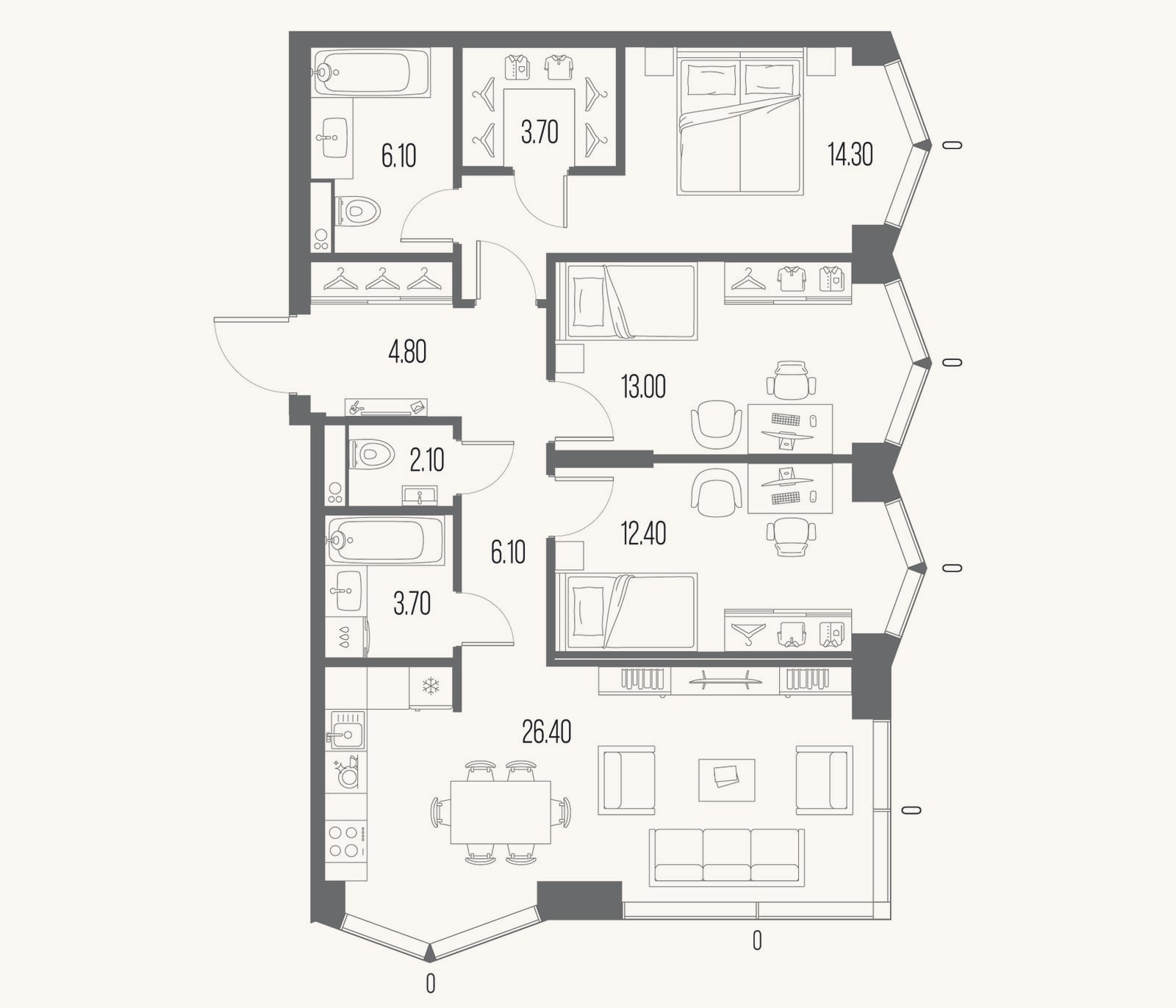 Планировка: 3-к, 92,6 м²