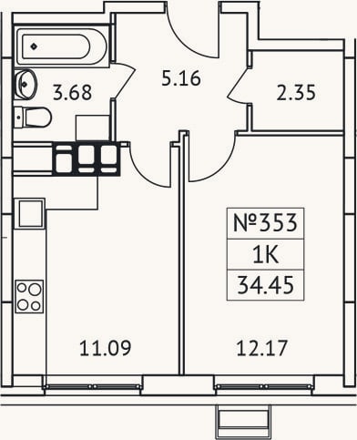 Планировка: 1-к, 34,5 м²