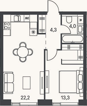 Планировка: 2-к, 43,8 м²