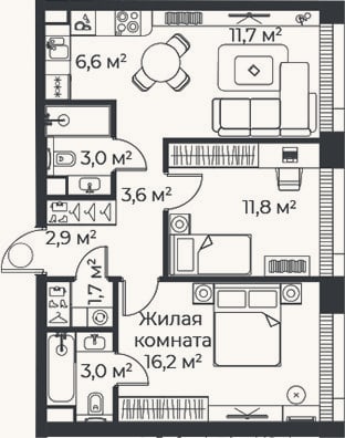 Планировка: 3-к, 60,4 м²
