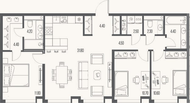Планировка: 3-к, 91,6 м²