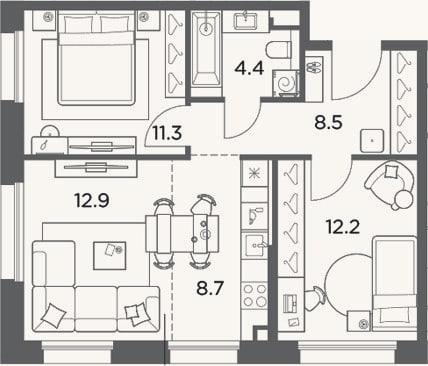 Планировка: 3-к, 58 м²