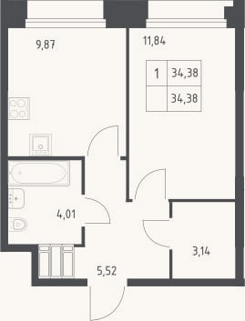 Планировка: 1-к, 34,4 м²