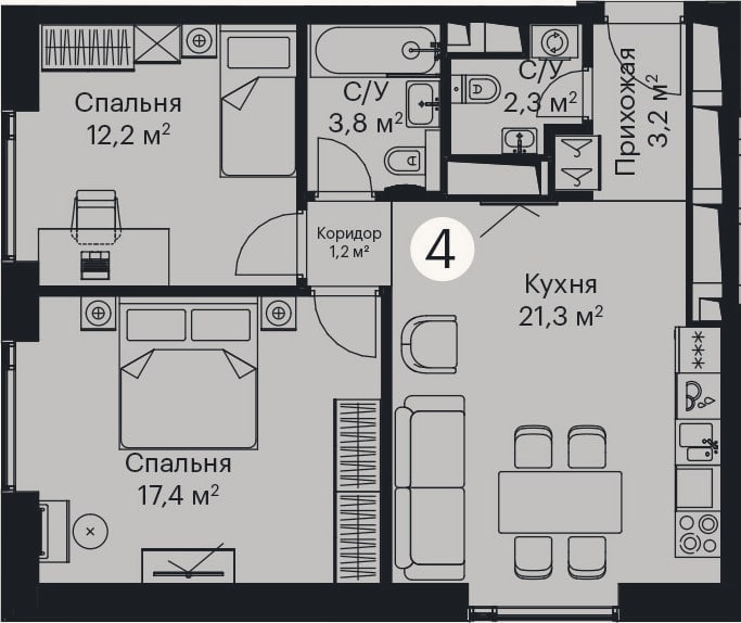 Планировка: 3-к, 61,4 м²