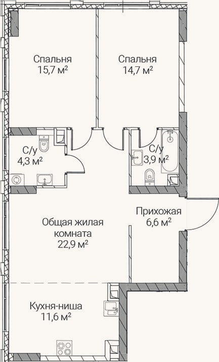 Планировка: 3-к, 79,7 м²