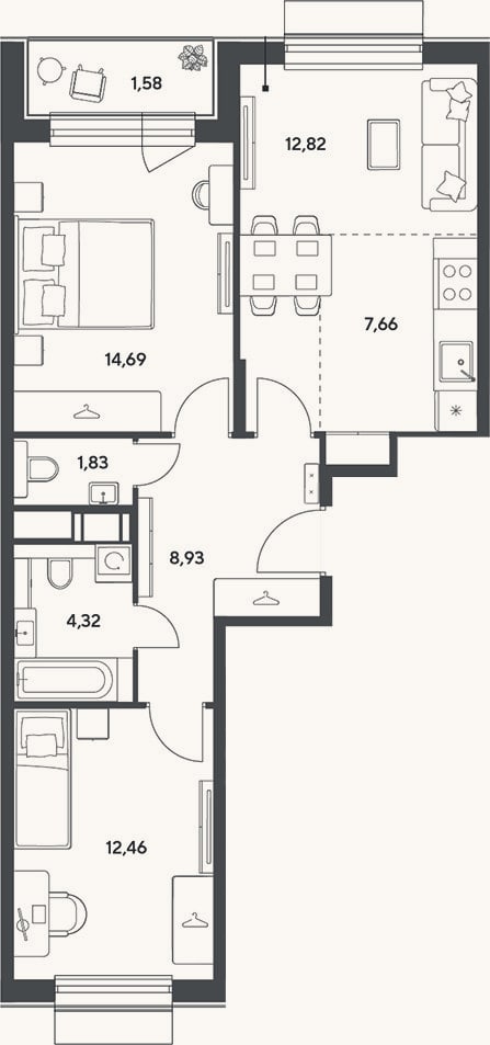 Планировка: 3-к, 62,7 м²