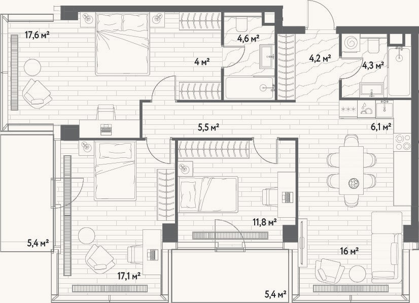 Планировка: 4+ к, 91,2 м²