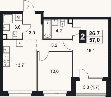 Планировка: 2-к, 55,3 м²