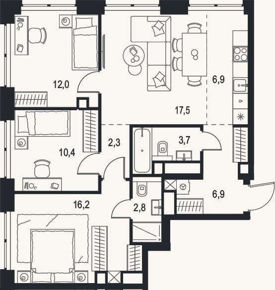 Планировка: 4+ к, 78,7 м²