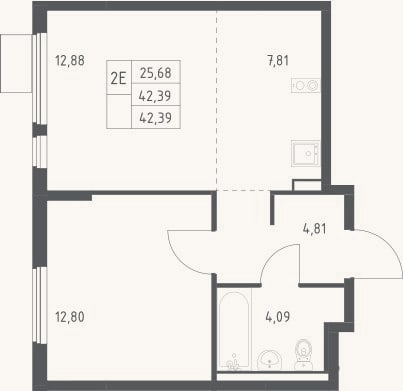Планировка: 2-к, 42,4 м²