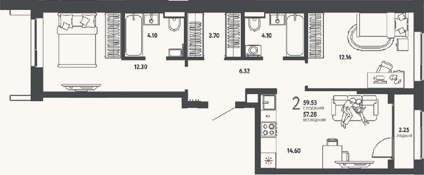 Планировка: 2-к, 57,3 м²