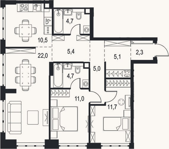 Планировка: 3-к, 82,4 м²
