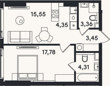 Планировка: 2-к, 48,8 м²