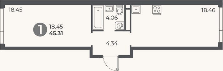 Планировка: 1-к, 45,3 м²