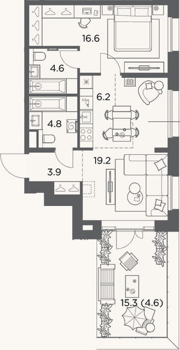 Планировка: 2-к, 55,3 м²