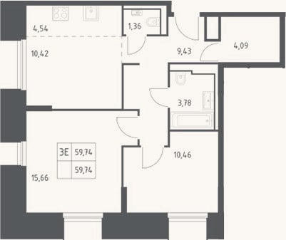 Планировка: 3-к, 59,7 м²