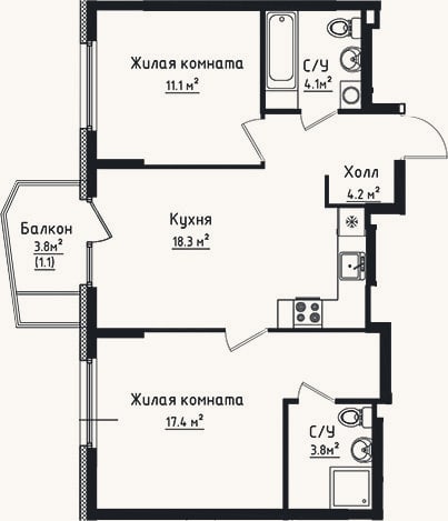 Планировка: 2-к, 58,9 м²
