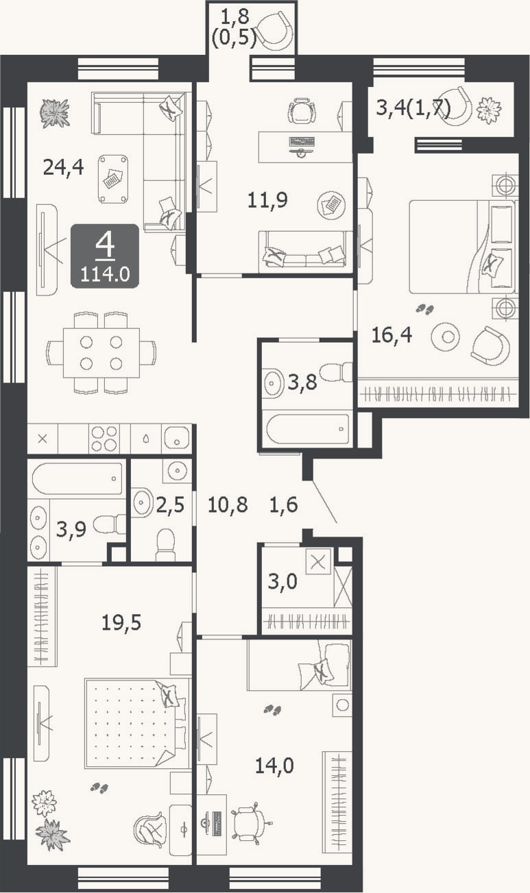 Планировка: 4+ к, 111,8 м²