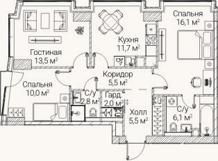Планировка: 3-к, 72,9 м²