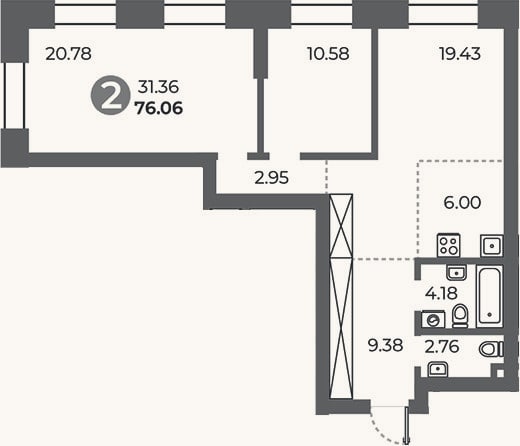 Планировка: 2-к, 76,1 м²