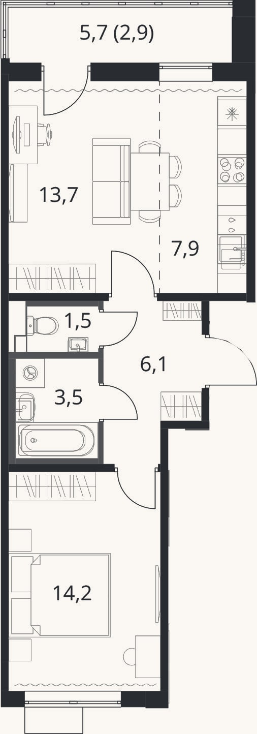 Планировка: 2-к, 47 м²