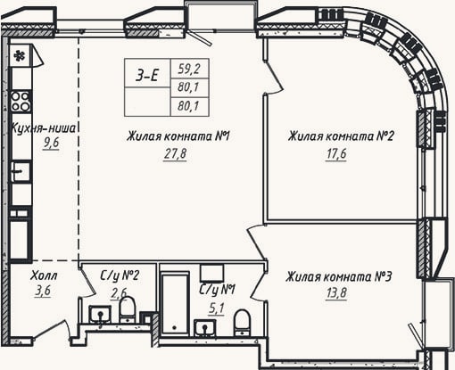 Планировка: 3-к, 80,1 м²