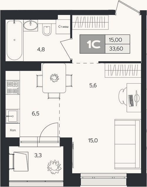 Планировка: Студия, 32 м²