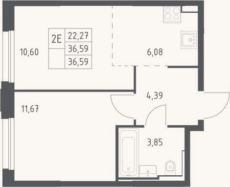 Планировка: 2-к, 36,6 м²