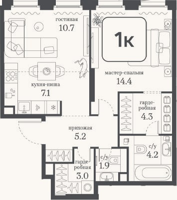 Планировка: 1-к, 50,8 м²