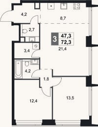 Планировка: 3-к, 72,3 м²