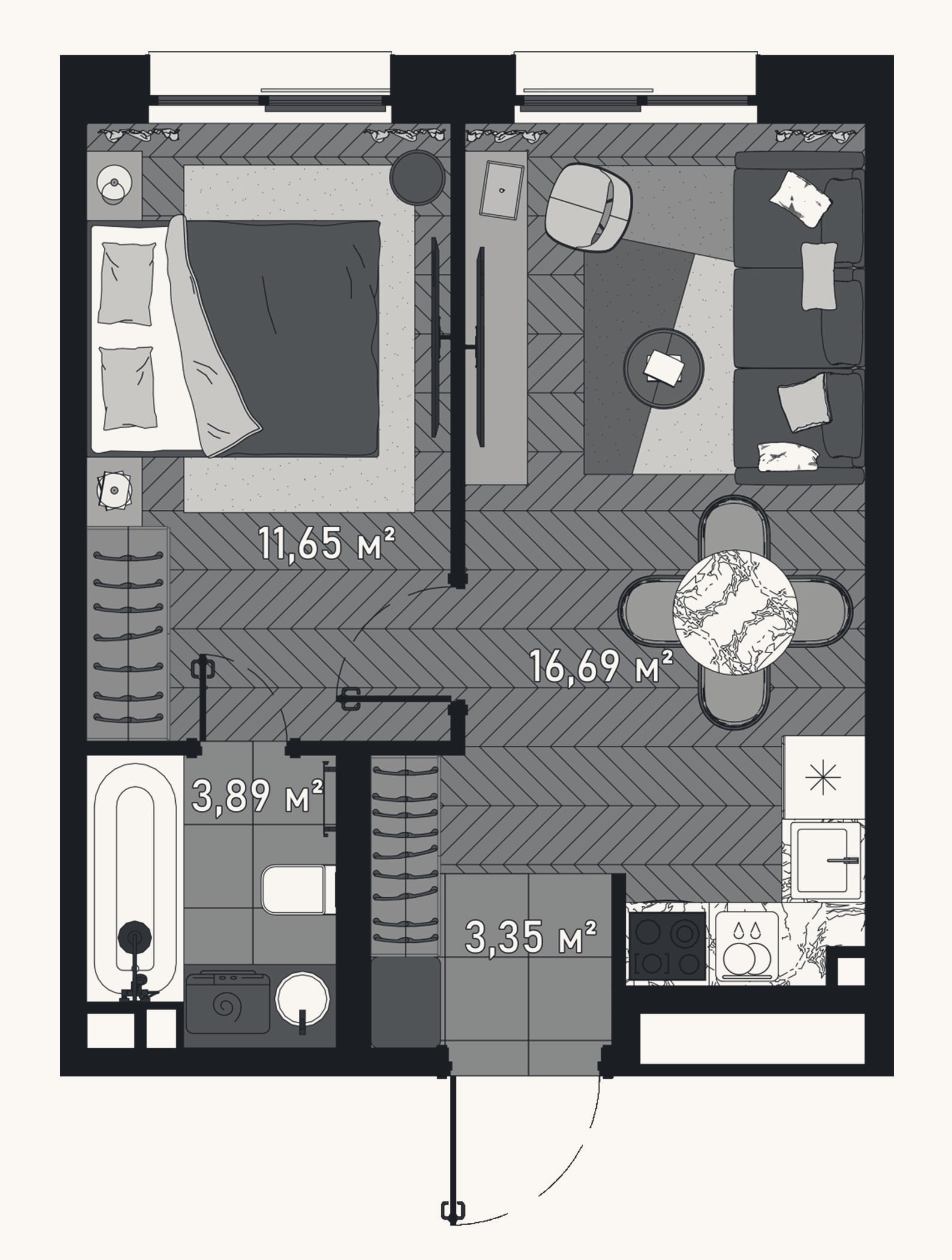 Планировка: 2-к, 29,5 м²